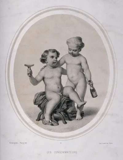 Two naked children drinking champagne
