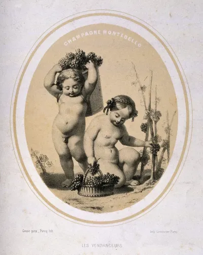 Two naked children picking grapes