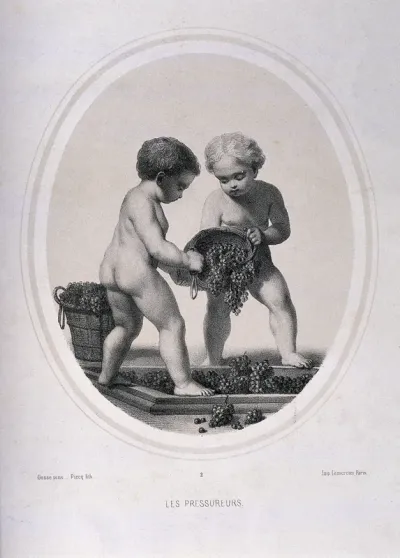 Two naked children pressing grapes