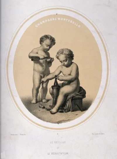 Two naked children tasting champagne and tying up bottles
