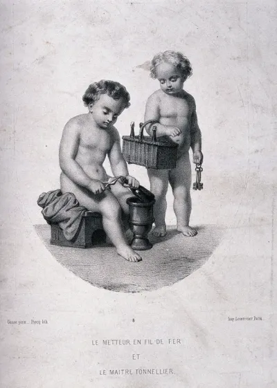 Two naked children tying up and storing champagne bottles
