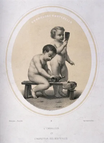 Two naked children wrapping and inspecting champagne bottles
