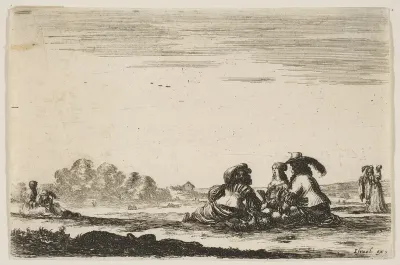 Two noblemen seated in center, seen from behind, conversing with a noblewoman seated between them, a noblewoman and man seated to left in background and standing to right in background, plate 7 from "Various Figures" (Agréable diversité de figures)
