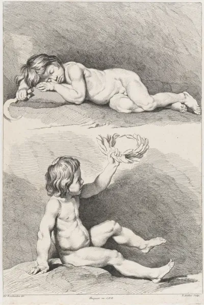 Two nude children, one sleeping and the other holding a wreath, from "New Book of Children"