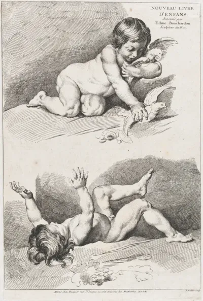Two nude children playing with a leaf, from "New Book of Children"