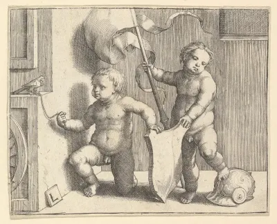 Two Nude Children Supporting a Blank Shield