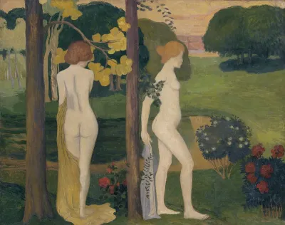 Two nudes in a landscape (recto), Ladies with a hat and landscape study (verso)
