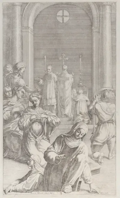 Two nuns emerging from a tomb while Saint Benedict celebrates the Mass