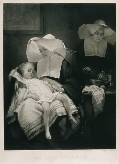 Two nuns in a pharmacy, one holds a sick child on her lap: Sisters of Charity Order
