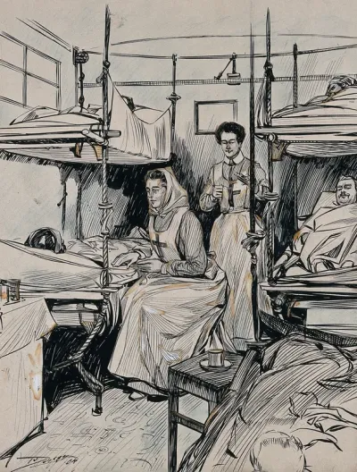 Two nurses with patients lying in bunk beds, on a Russian ambulance train
