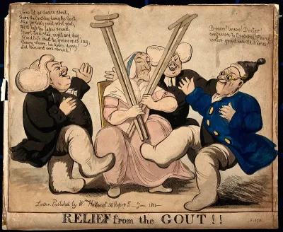 Two old gouty men dancing with bandaged legs, an old nurse is holding their crutches, behind her is a gleeful doctor