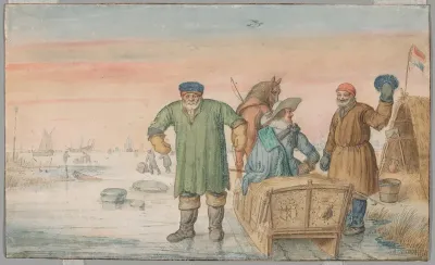 Two Old Men beside a Sled Bearing the Coats of Arms of Amsterdam and Utrecht