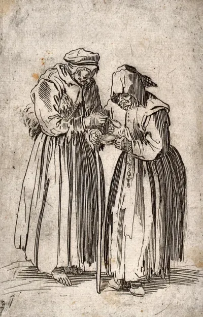 Two old women dressed in rags sharing the contents of a bowl