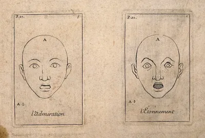 Two outlines of faces expressing admiration (left) and astonishment (right)