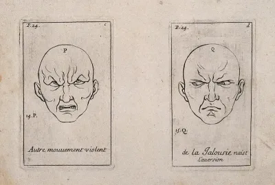 Two outlines of faces, one showing violent movement (left), the other expressing jealousy (right)