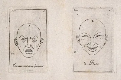 Two outlines of faces showing astonishment and fear (left) and laughter (right)
