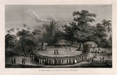 Two pairs of men fighting in combat, watched by a crowd, on the island of Lifuka, Tonga, May 1777, in honour of Captain Cook