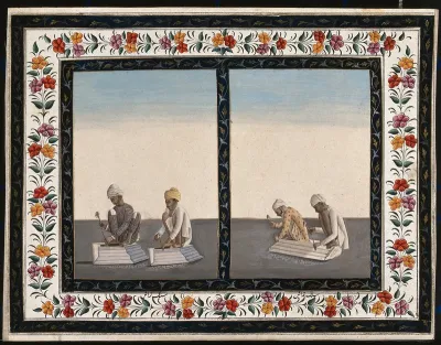Two pairs of stone masons working with chisels and hammers