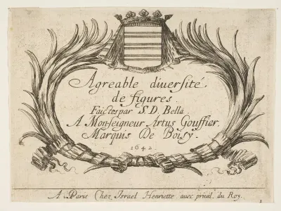 Two palms and a coat of arms frame the title and dedication, title page and plate 1 for "Various Figures" (Agréable diversité de figures)
