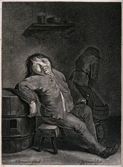 Two peasants in a dingy ale-house; one sleeps on a bench and the other urinates in a bucket