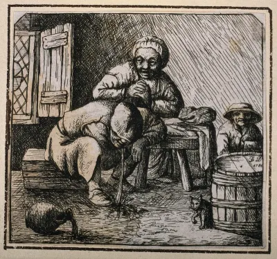 Two peasants sit at a table as a third man vomits on the floor