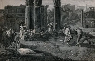 Two people are playing musical instruments and others watching as a couple dance in an area among ruined columns