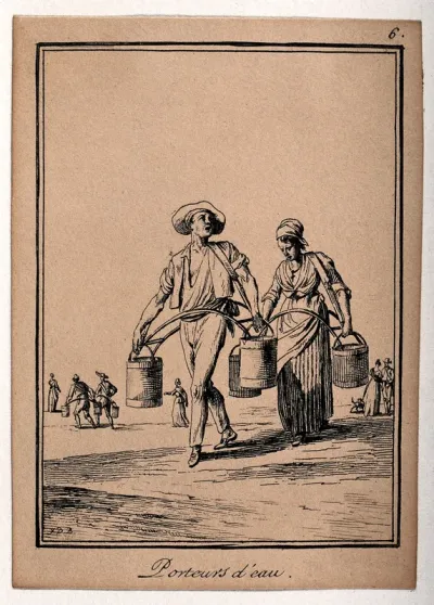Two people carrying water in buckets