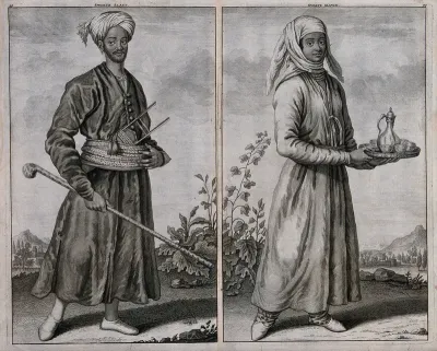 Two people in Persia described as black slaves: a man wearing a turban with a staff in his hand, and a woman carrying a tea tray with a jug and cups
