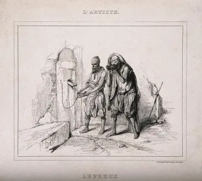 Two people with leprosy receiving food through a wall