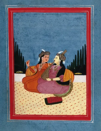 Two Persian (?) ladies sitting, one holding a musical instrument