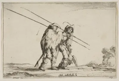 Two pikemen walking towards the right, each with their pikes in their right hands, plate 13 from "Various Figures" (Agréable diversité de figures)