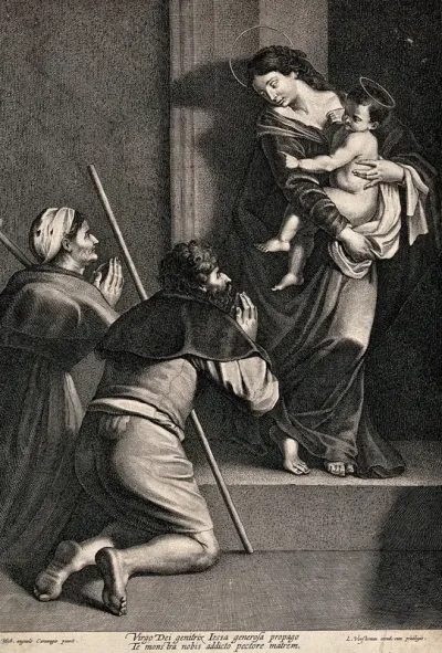 Two pilgrims adoring the Virgin