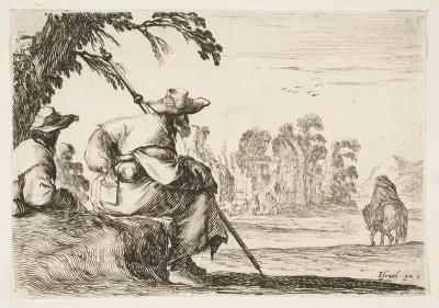 Two pilgrims with hats rest to the left, seen from behind, a horseman rides towards the background to the right, plate 5 from "Various Figures" (Agréable diversité de figures)