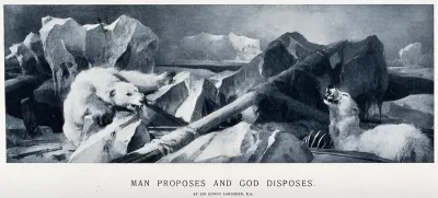 Two polar bears despoiling the remains of a shipwreck in a desolate arctic setting