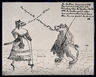 Two polar bears meet near the North Pole: despite the cold, the female bear is wearing an off-the-shoulder dress, which the male bear attributes to high tolerance of cold among northern females