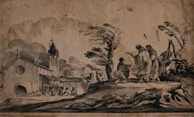 Two priests and their server follow a funeral procession carrying an open coffin into a church