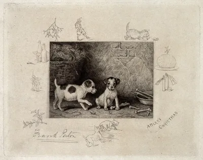 Two puppies are playing next to their bowl; vignettes show christmas paraphernalia, e.g