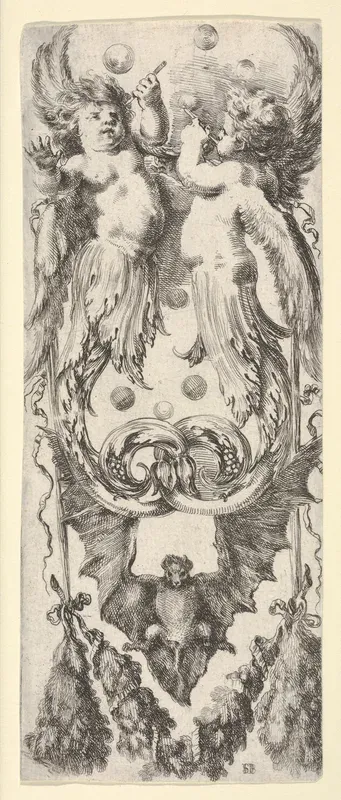 Two putti above, their legs ending in scrollwork, a bat below,, from "Ornaments or Grotesques" (Ornamenti o Grottesche)
