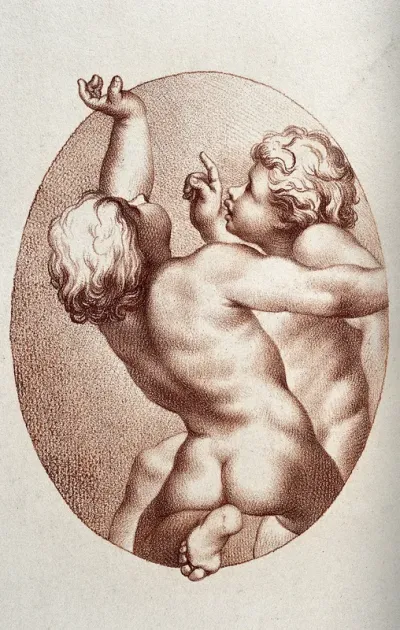 Two putti. Crayon-manner print by F. Rosaspina, 1800, after Francisco Vieira after A. Allegri, il Correggio