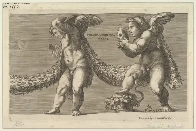 Two putti draped with a garland the one at right holding a mask