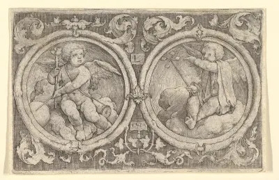 Two Putti Seated in Clouds in Circles with Tendrils