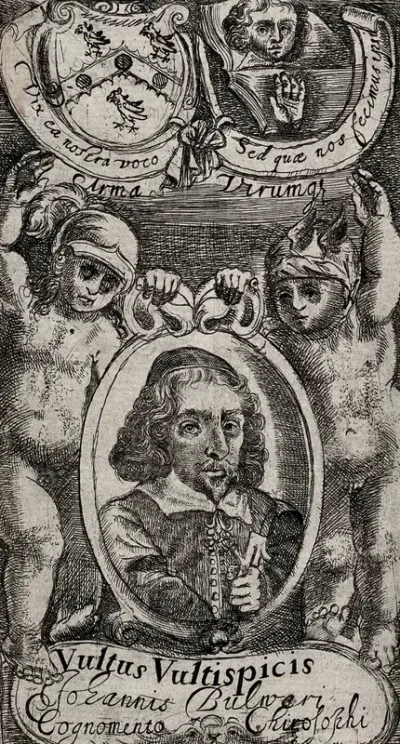 Two putti supporting a roundel with the portrait of John Bulwer; above, coat of arms