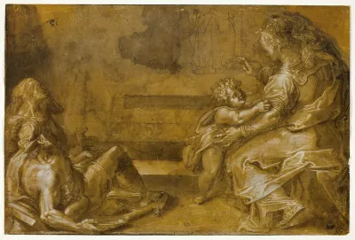Two Reclining Beggars, and Seated Mother and Child, at Foot of Steps