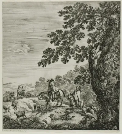 Two Riders Passing a Flock, plate five from The Six Large Views of Rome and the Campagna