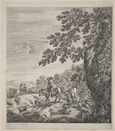 Two Riders Passing Near a Herd of Animals