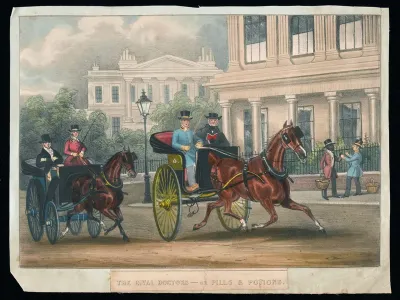 Two rival physicians ride in carriages around high-class London residences in competition for wealthy patients