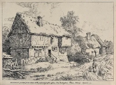 Two rural houses next to a stream; a woman and a child in the foreground