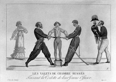 Two Russian valets are tightening ties around a young officer's waist as a third man brings a uniform for him to wear
