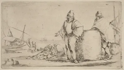 Two Sailors Standing near a Large Bale of Merchandise