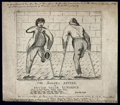 Two sailors with amputated legs, an eyepatch and an amputated arm moving with the aid of crutches